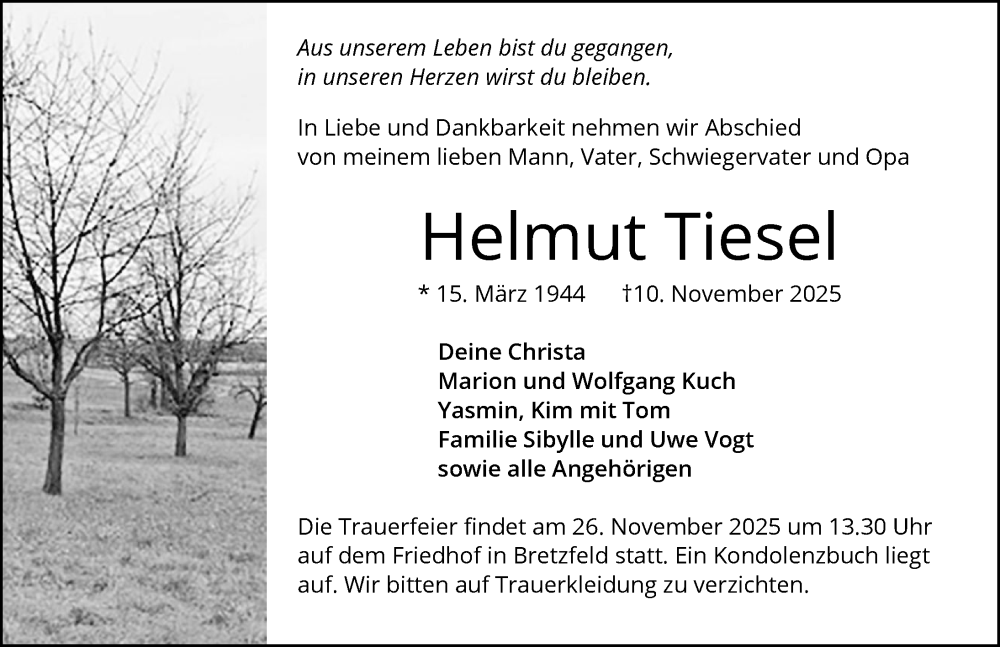  Traueranzeige für Helmut Tiesel vom 22.11.2025 aus GESAMT