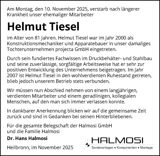 Traueranzeige von Helmut Tiesel von GESAMT