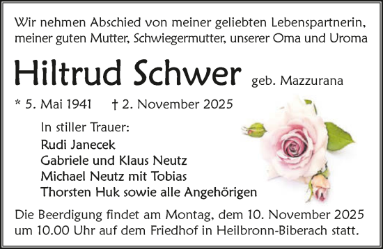 Traueranzeige von Hiltrud Schwer von GESAMT