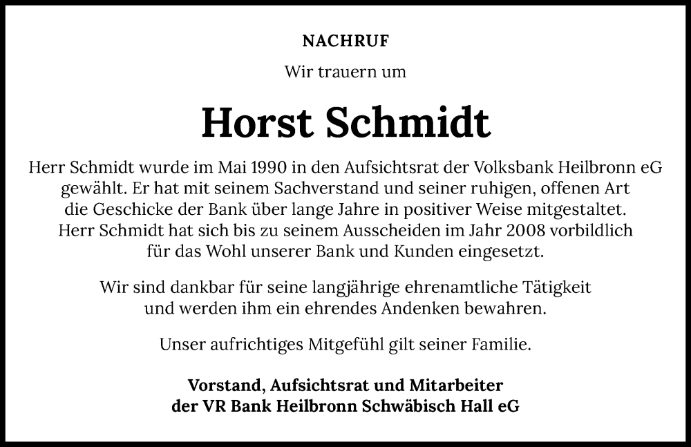  Traueranzeige für Horst Schmidt vom 20.11.2025 aus GESAMT