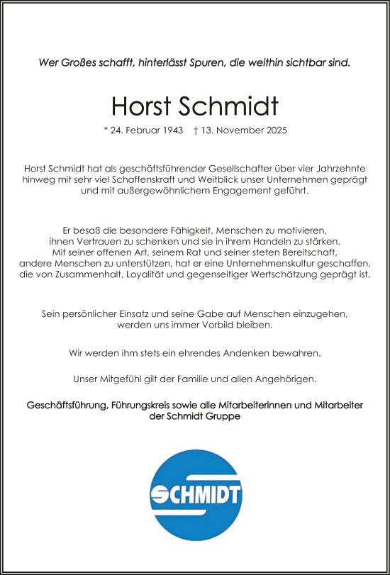 Traueranzeige von Horst Schmidt von GESAMT