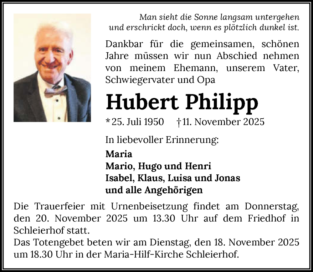  Traueranzeige für Hubert Philipp vom 15.11.2025 aus GESAMT