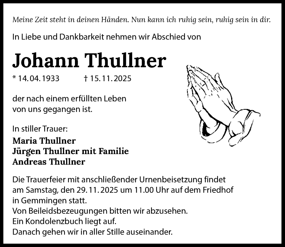  Traueranzeige für Johann Thullner vom 22.11.2025 aus GESAMT