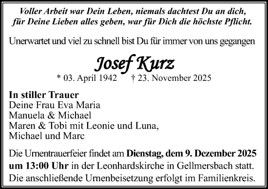 Traueranzeige von Josef Kurz von GESAMT