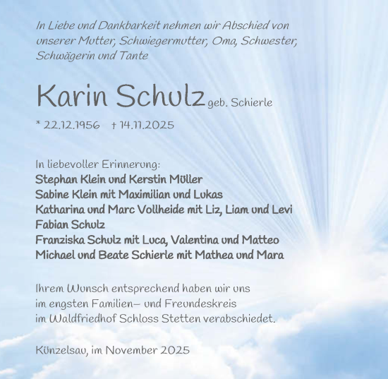 Traueranzeige von Karin Schulz von GESAMT