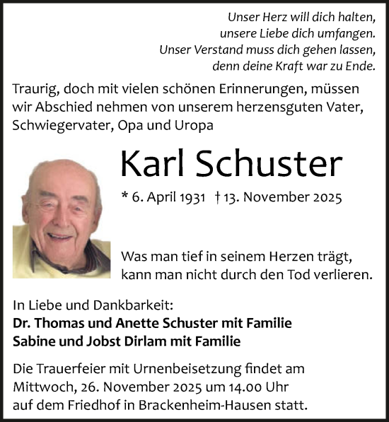 Traueranzeige von Karl Schuster von GESAMT