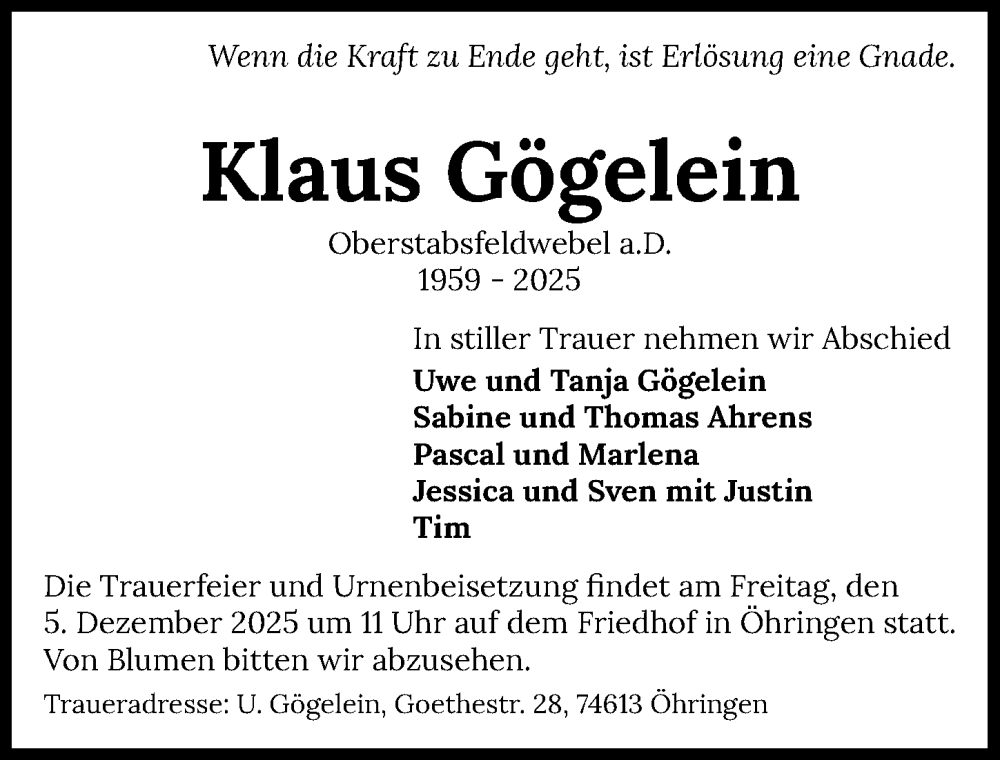  Traueranzeige für Klaus Gögelein vom 29.11.2025 aus GESAMT
