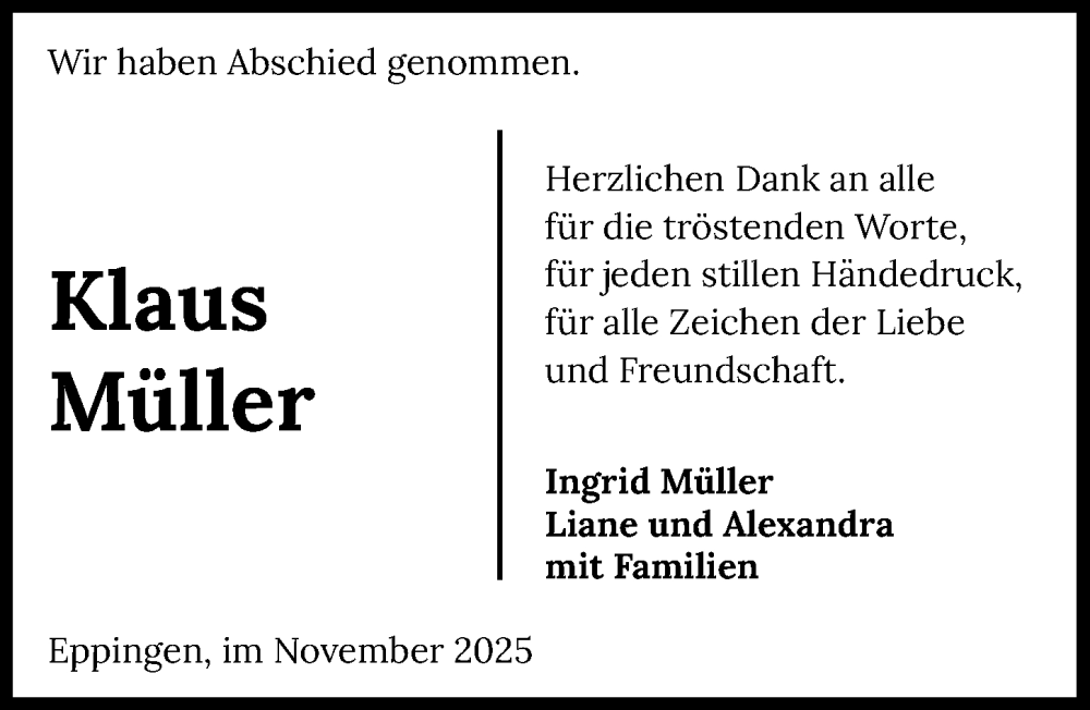 Traueranzeige für Klaus Müller vom 08.11.2025 aus GESAMT