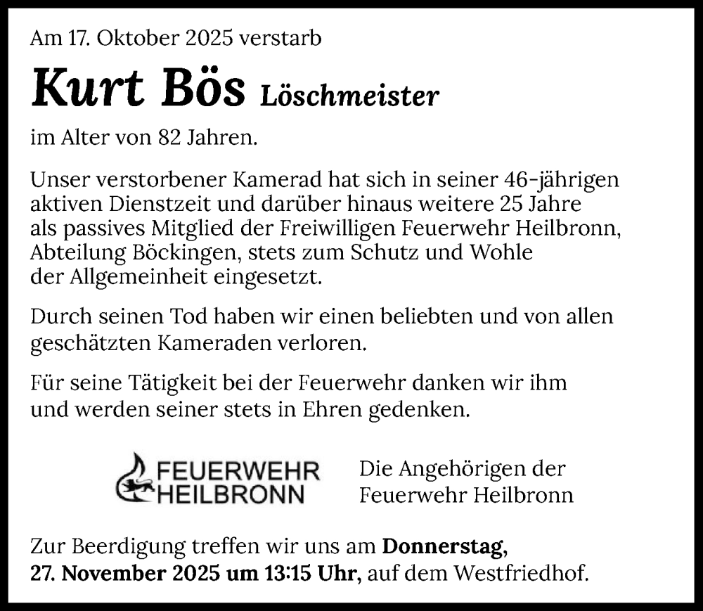  Traueranzeige für Kurt Bös vom 22.11.2025 aus GESAMT