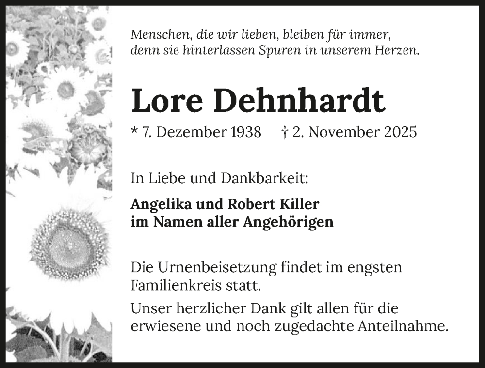  Traueranzeige für Lore Dehnhardt vom 08.11.2025 aus GESAMT
