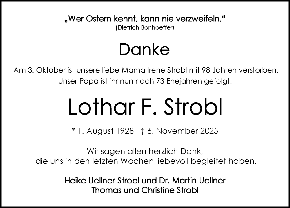  Traueranzeige für Lothar F. Strobl vom 22.11.2025 aus GESAMT