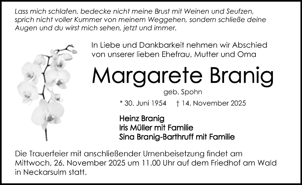  Traueranzeige für Margarete Branig vom 22.11.2025 aus GESAMT