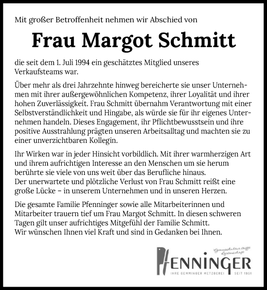 Traueranzeige von Margot Schmitt von GESAMT