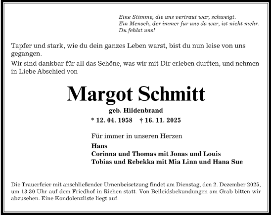 Traueranzeige von Margot Schmitt von GESAMT