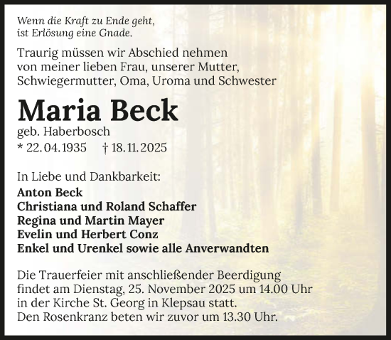 Traueranzeige von Maria Beck von GESAMT