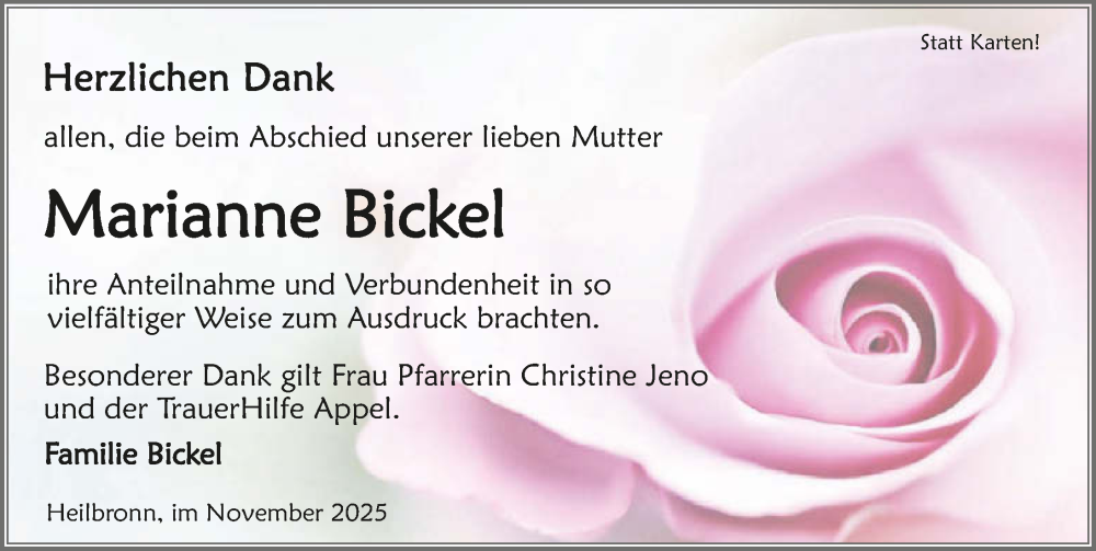  Traueranzeige für Marianne Bickel vom 15.11.2025 aus GESAMT