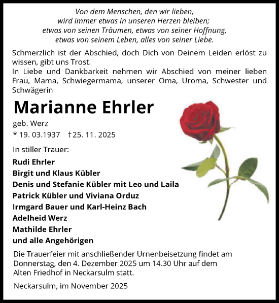 Traueranzeige von Marianne Ehrler von GESAMT