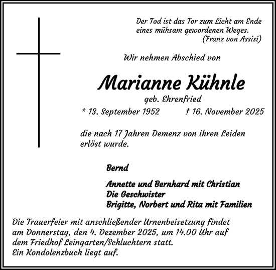 Traueranzeige von Marianne Kühnle von GESAMT
