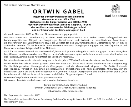 Traueranzeige von Ortwin Gabel von GESAMT