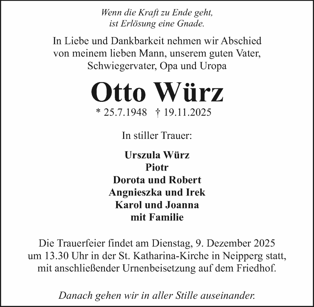  Traueranzeige für Otto Würz vom 29.11.2025 aus GESAMT