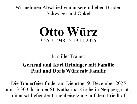 Traueranzeige von Otto Würz von GESAMT