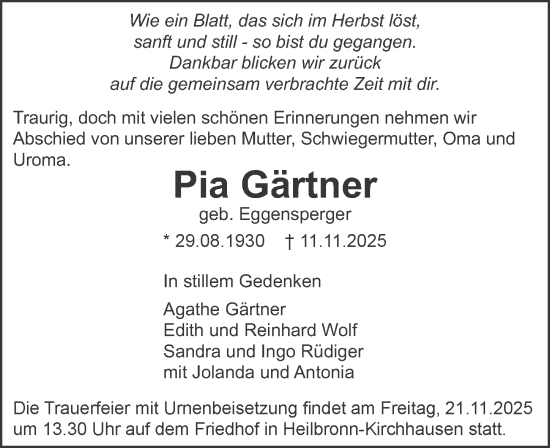 Traueranzeige von Pia Gärtner von GESAMT