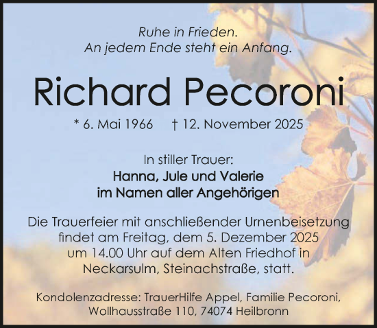 Traueranzeige von Richard Pecoroni von GESAMT