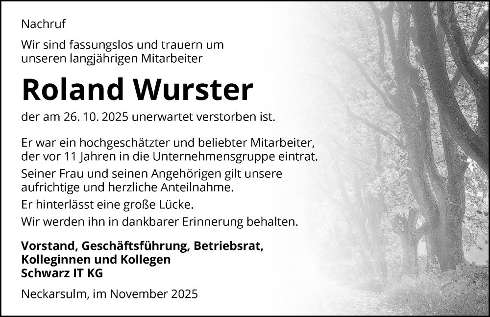  Traueranzeige für Roland Wurster vom 08.11.2025 aus GESAMT