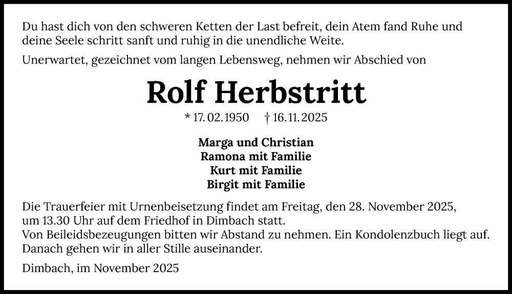  Traueranzeige für Rolf Herbstritt vom 22.11.2025 aus GESAMT