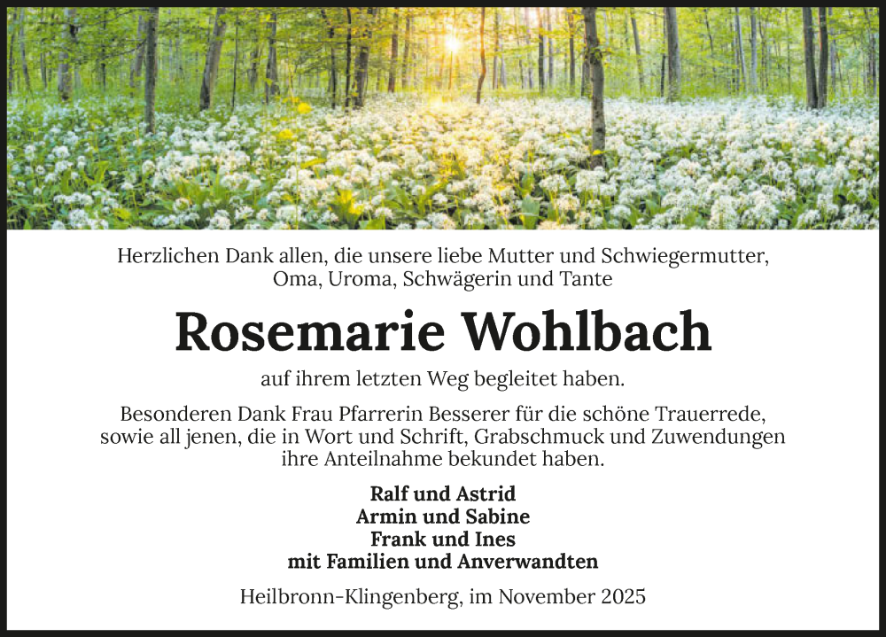  Traueranzeige für Rosemarie Wohlbach vom 19.11.2025 aus GESAMT
