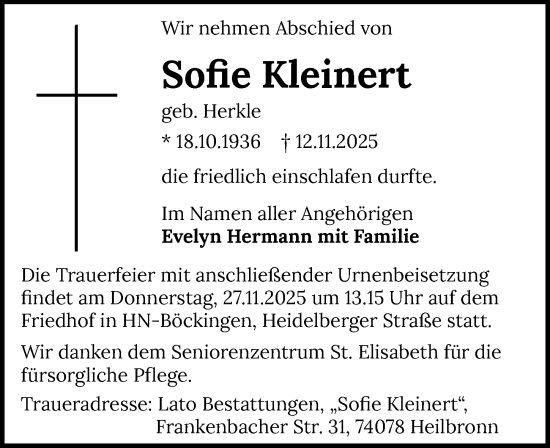 Traueranzeige von Sofie Kleinert von GESAMT