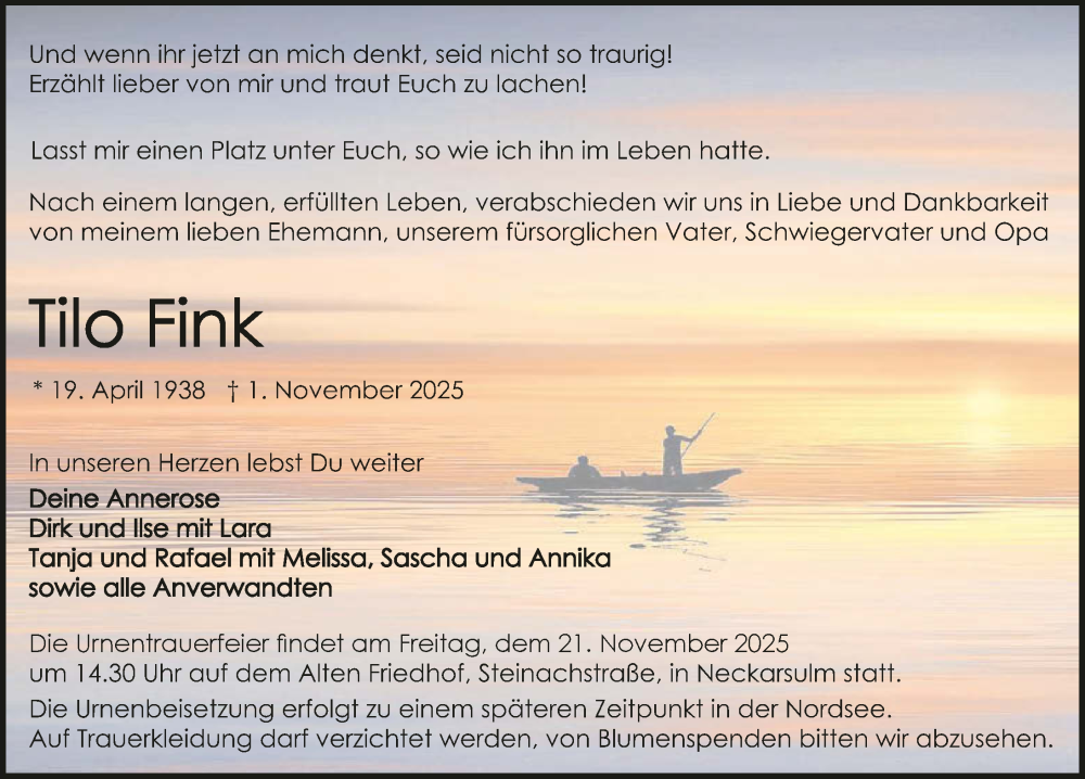  Traueranzeige für Tilo Fink vom 15.11.2025 aus GESAMT