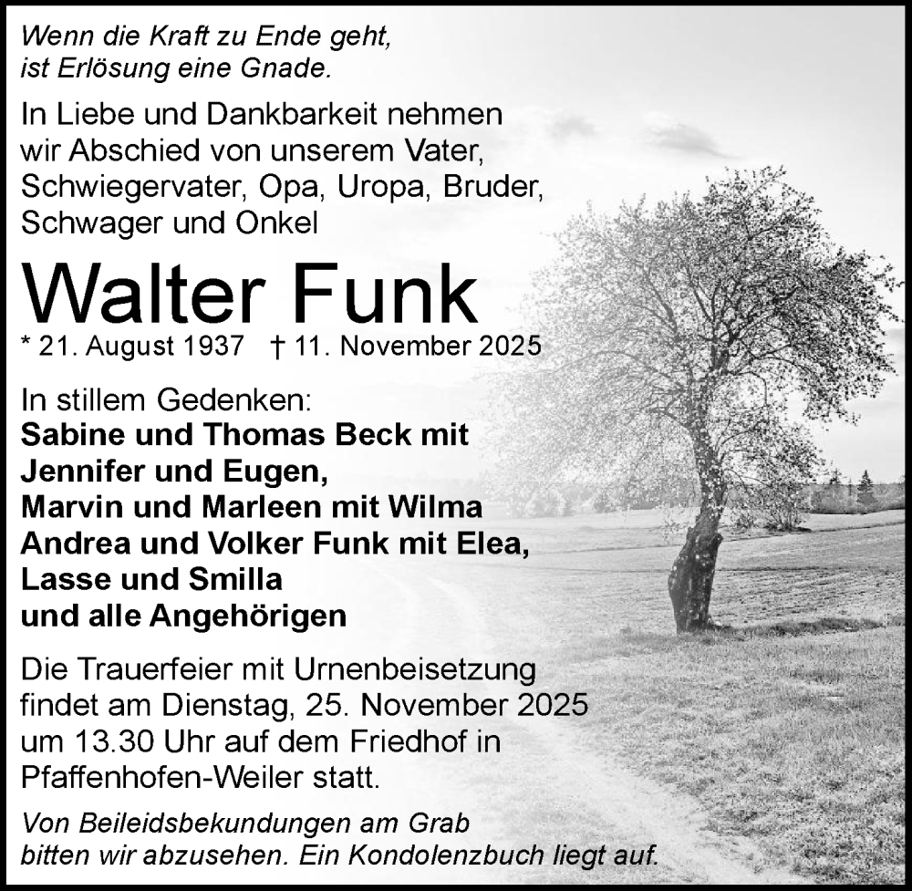  Traueranzeige für Walter Funk vom 15.11.2025 aus GESAMT