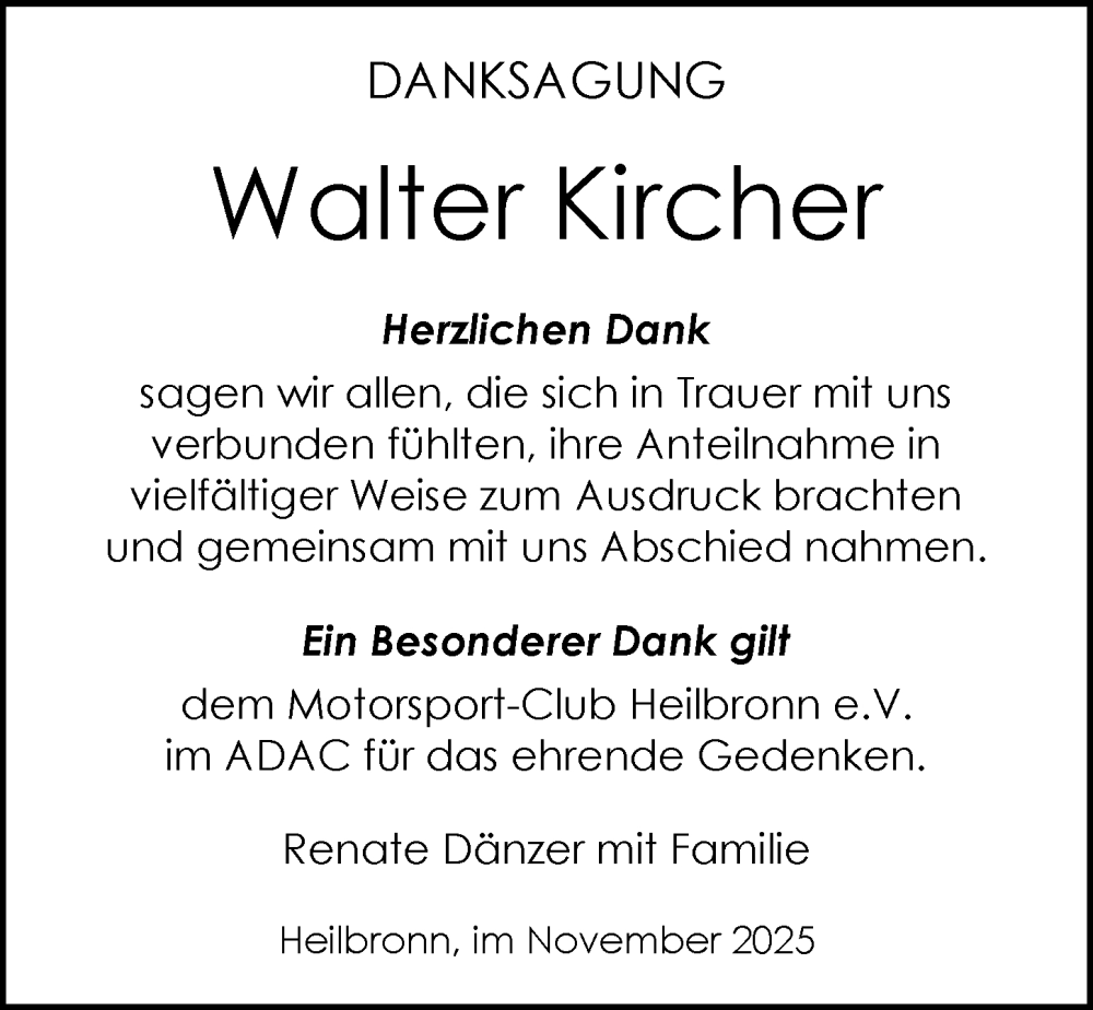  Traueranzeige für Walter Kircher vom 08.11.2025 aus GESAMT