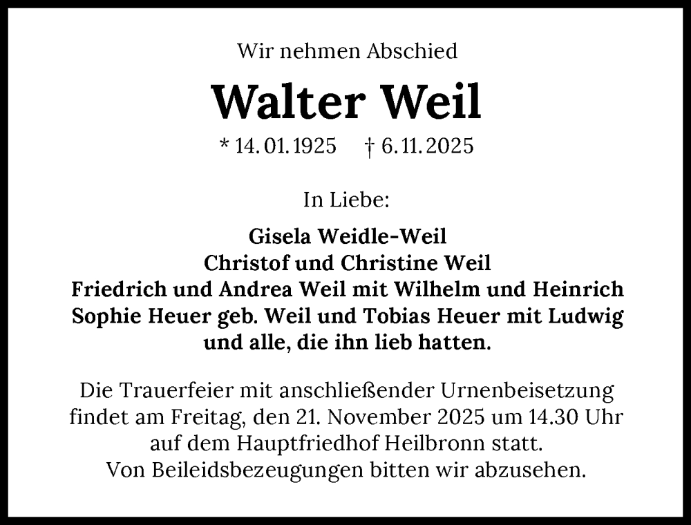  Traueranzeige für Walter Weil vom 15.11.2025 aus GESAMT