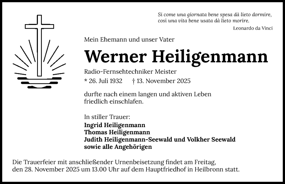  Traueranzeige für Werner Heiligenmann vom 22.11.2025 aus GESAMT