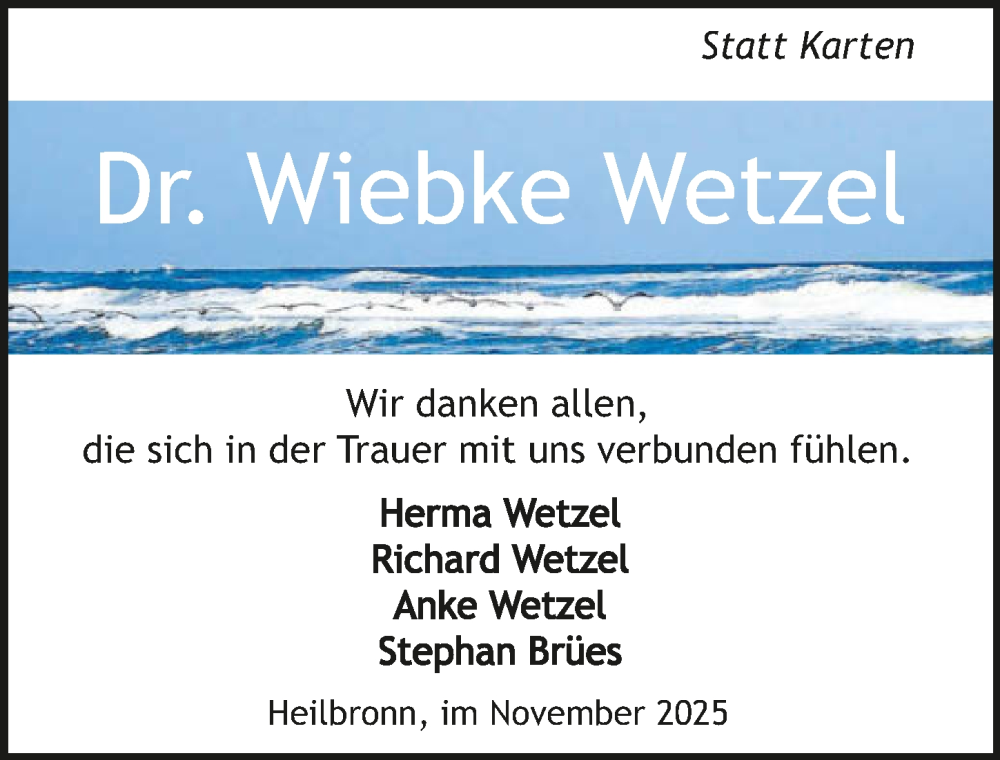  Traueranzeige für Wiebke Wetzel vom 22.11.2025 aus GESAMT