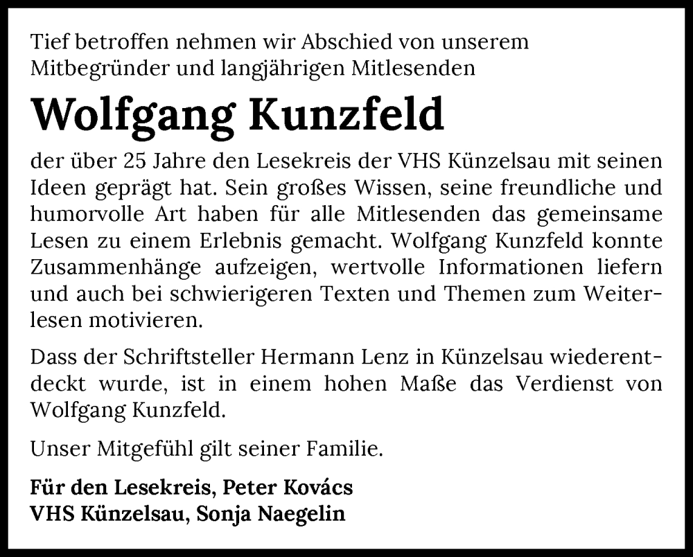  Traueranzeige für Wolfgang Kunzfeld vom 20.11.2025 aus GESAMT
