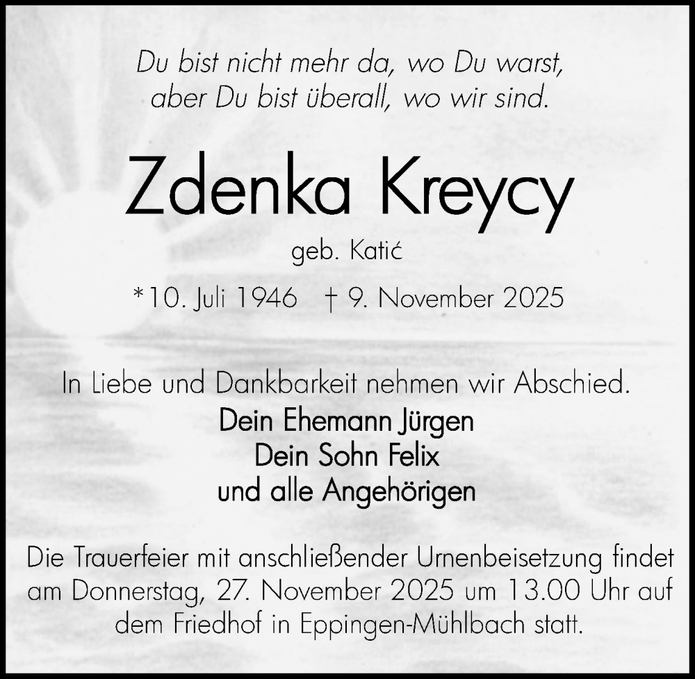  Traueranzeige für Zdenka Kreycy vom 22.11.2025 aus GESAMT