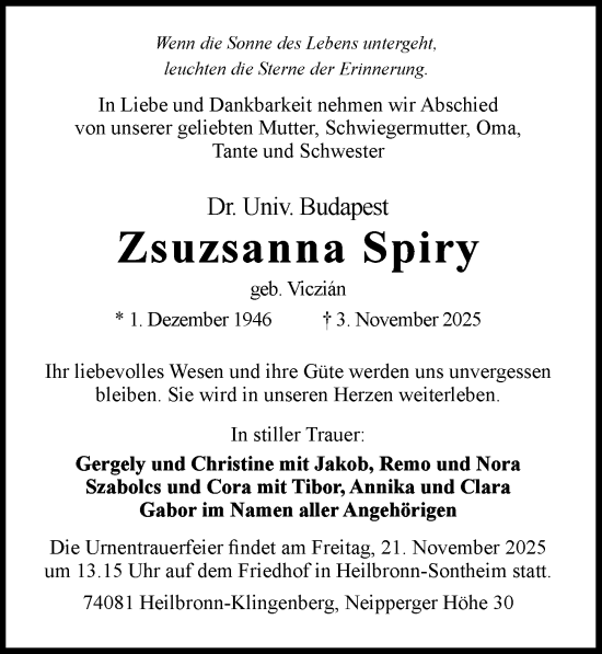 Traueranzeige von Zsuzsanna Spiry von GESAMT