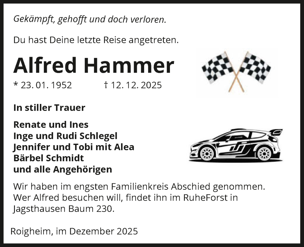  Traueranzeige für Alfred Hammer vom 27.12.2025 aus GESAMT