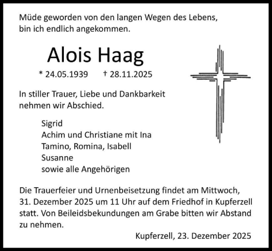 Traueranzeige von Alois Haag von GESAMT