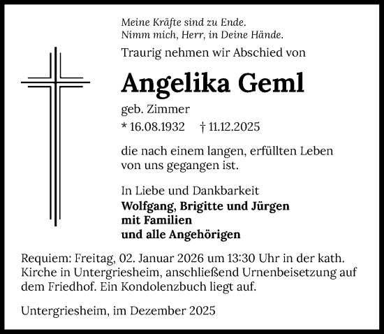 Traueranzeige von Angelika Geml von GESAMT