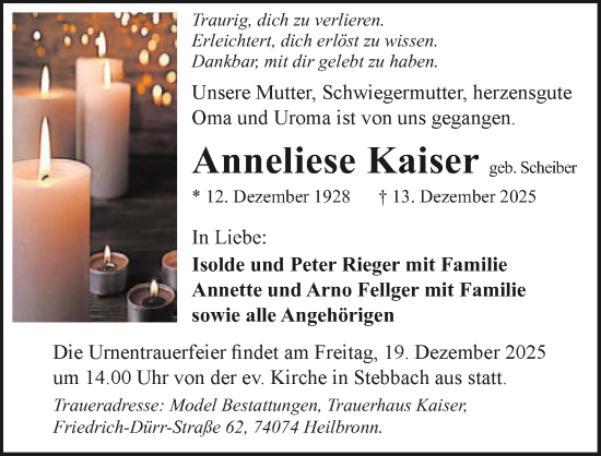 Traueranzeige von Anneliese Kaiser von GESAMT