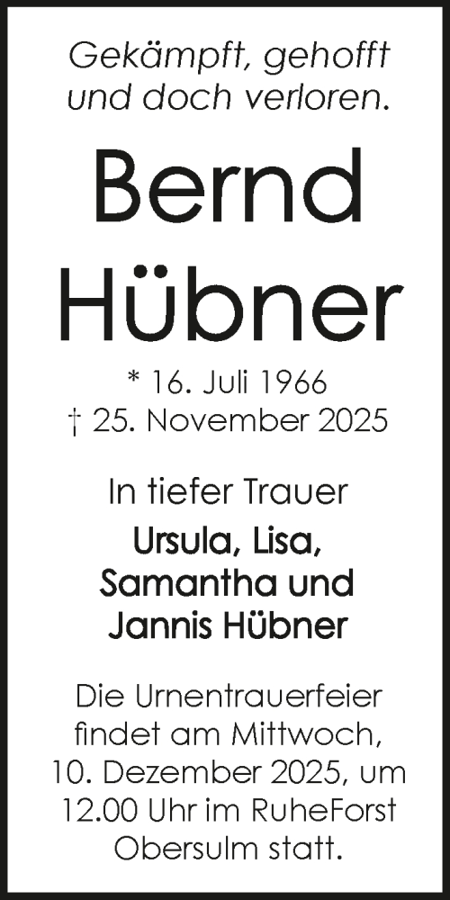  Traueranzeige für Bernd Hübner vom 06.12.2025 aus GESAMT