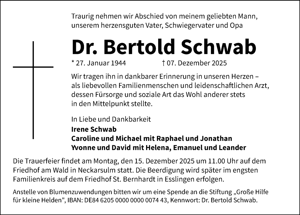  Traueranzeige für Bertold Schwab vom 13.12.2025 aus GESAMT