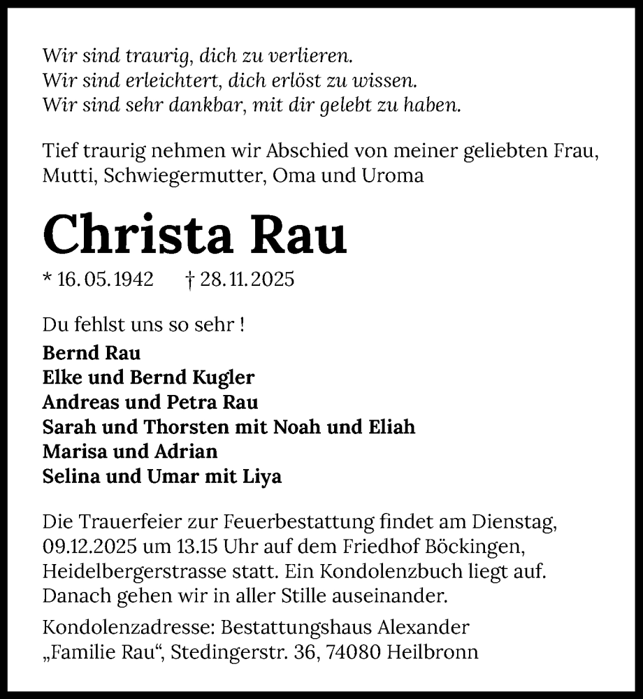  Traueranzeige für Christa Rau vom 06.12.2025 aus GESAMT