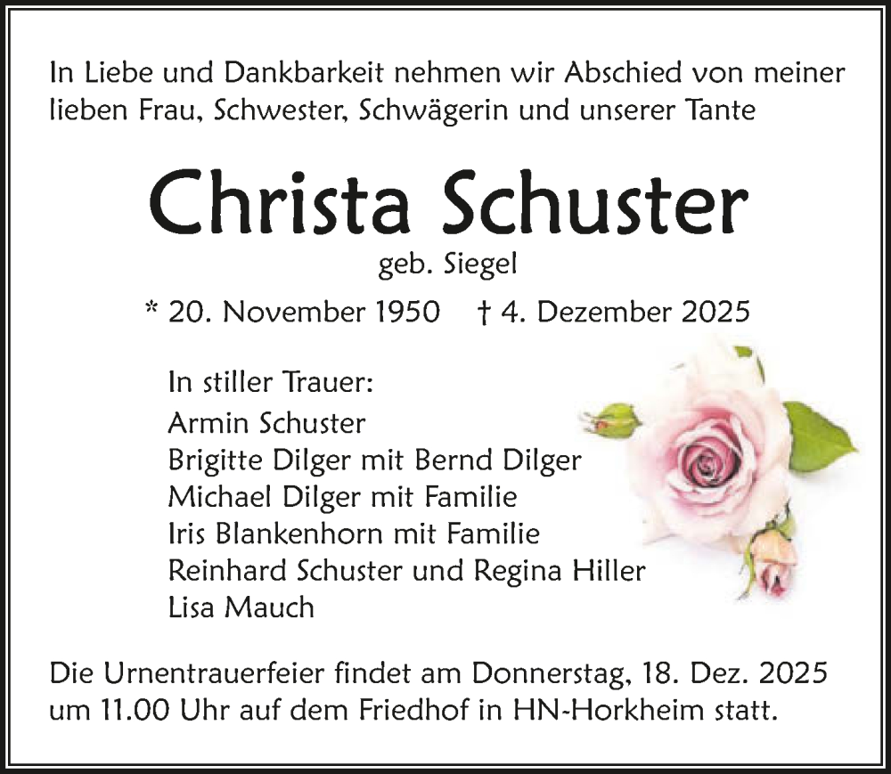  Traueranzeige für Christa Schuster vom 13.12.2025 aus GESAMT