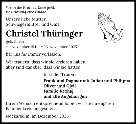 Traueranzeige von Christel Thüringer von GESAMT