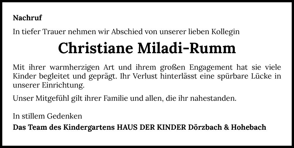  Traueranzeige für Christiane Miladi-Rumm vom 31.12.2025 aus GESAMT